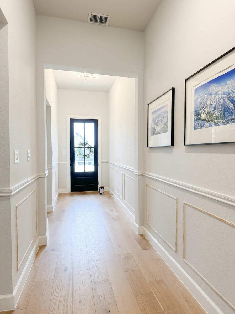 kc-compton-living-entryway-wainscoting-trim-installed A bright hallway with light wooden flooring, featuring white walls and decorative molding. Two framed mountain landscape pictures are hung on the right side, and a black front door is visible at the end of the hallway.