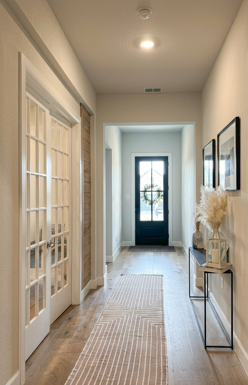 kc-compton-living-entryway-before A well-lit hallway featuring a black front door with a wreath, a decorative console table, and a striped area rug. French doors are visible on the left side, leading to another room.