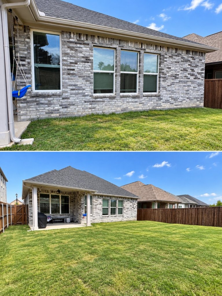 Before: plain new construction backyard with a small covered patio, lawn and wood fence