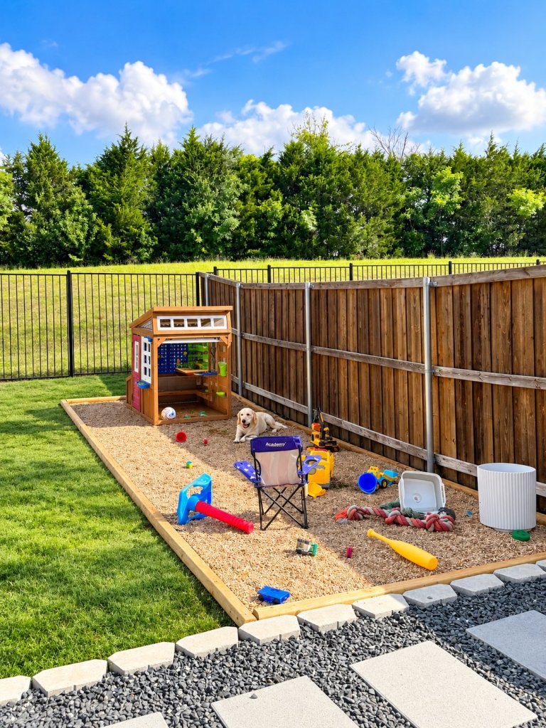 DIY backyard kids' play area with a wood border, pea gravel, a playhouse and toys along the fence