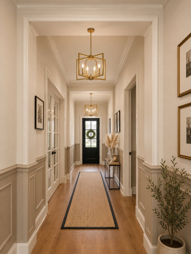 Design mockup of the entryway with wainscoting and two gold pendant lights