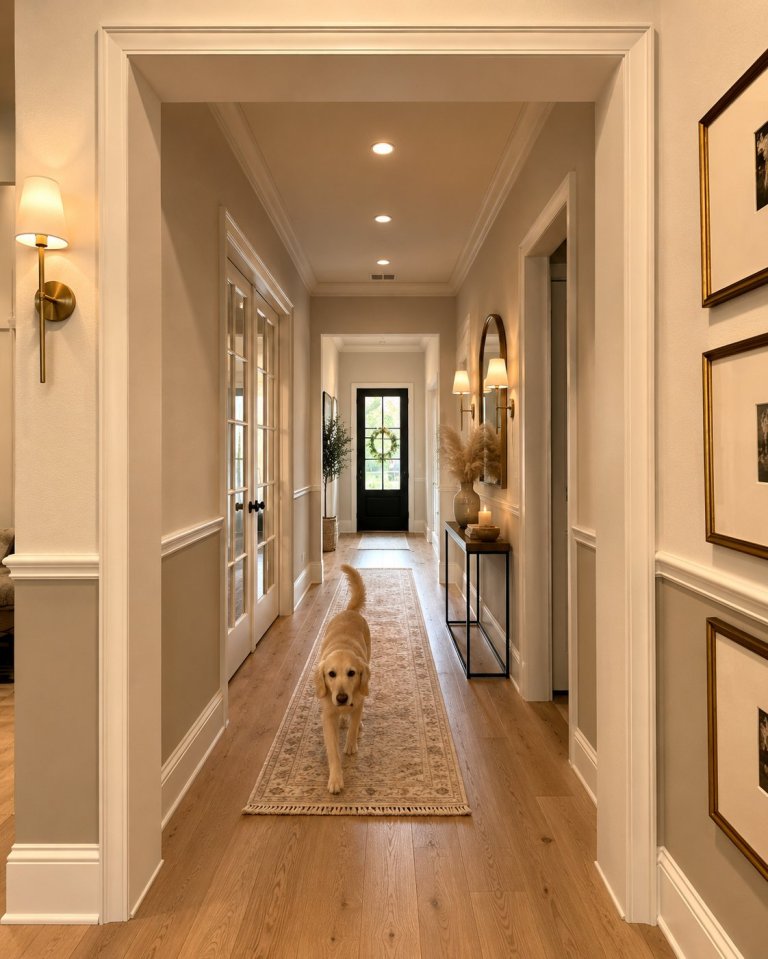 Design mockup of the entryway with wainscoting and brass wall sconces