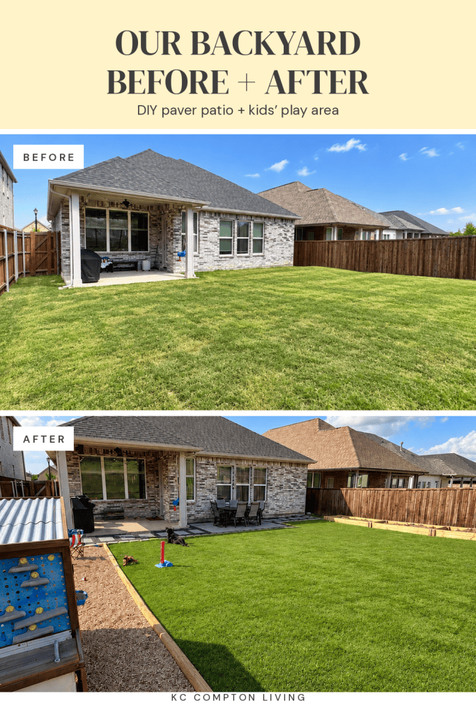Backyard before and after a DIY paver patio, rock side yard and kids' play area